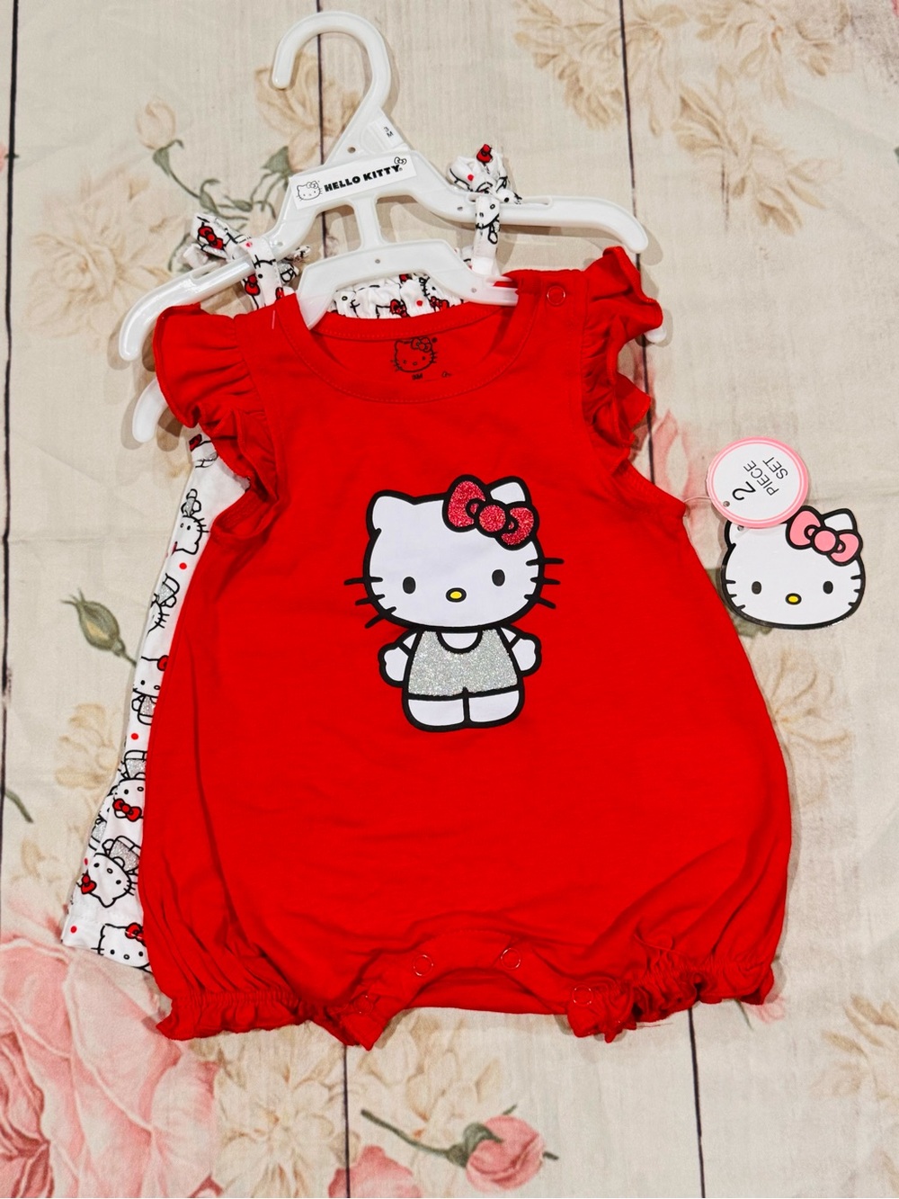 Hello Kitty Baby Girl 2 Pc Set Bubble Romper Red, White & Silver 3 Months NWT